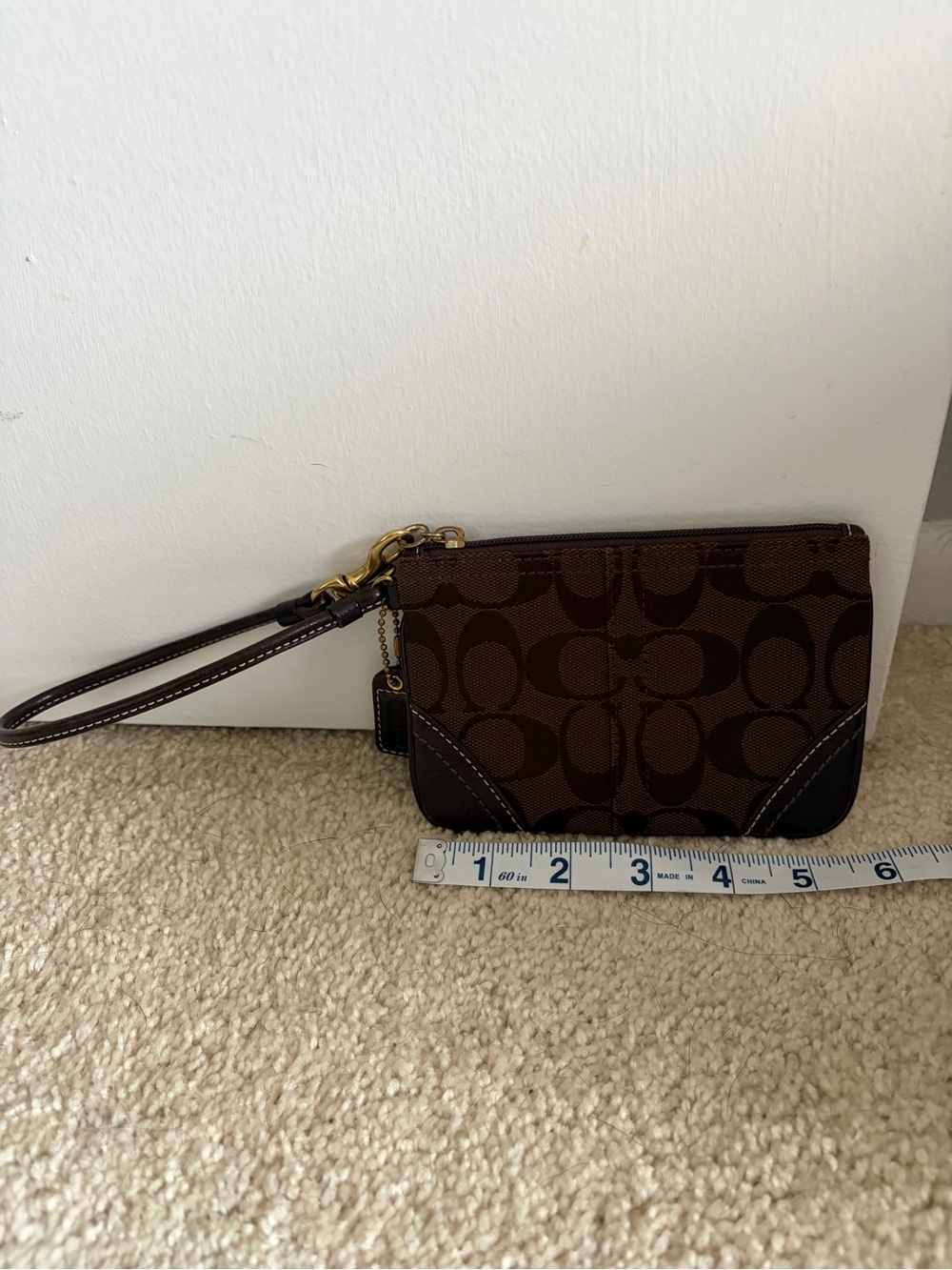 Coach Brown Signature Canvas Wristlet with Leather Trim